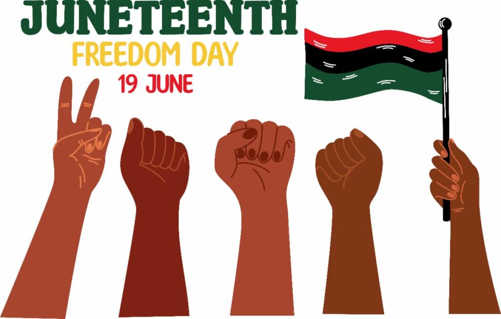 Illustration of raised black fists, a peace sign, and a hand holding a Illustration of raised fists and a hand holding a Pan-African flag. Text: Juneteenth Freedom Day, 19 June.. Text: Juneteenth Freedom Day, 19 June.